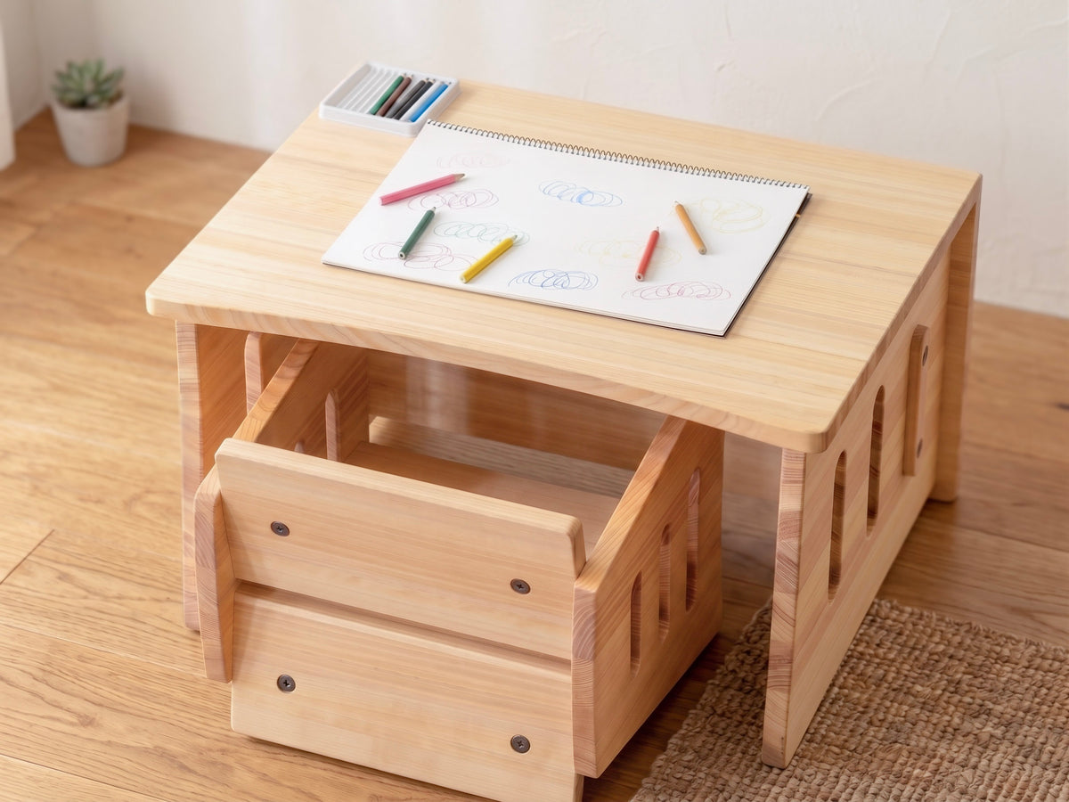 KuLuLi - two table one shelf｜キッズテーブル・収納棚｜一龍木工